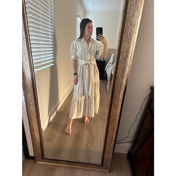 MARISSA WEBB x RTR Off White Collared Neck Tie Waist Linen Short Sleeve Dress 10 - Picture 15 of 16